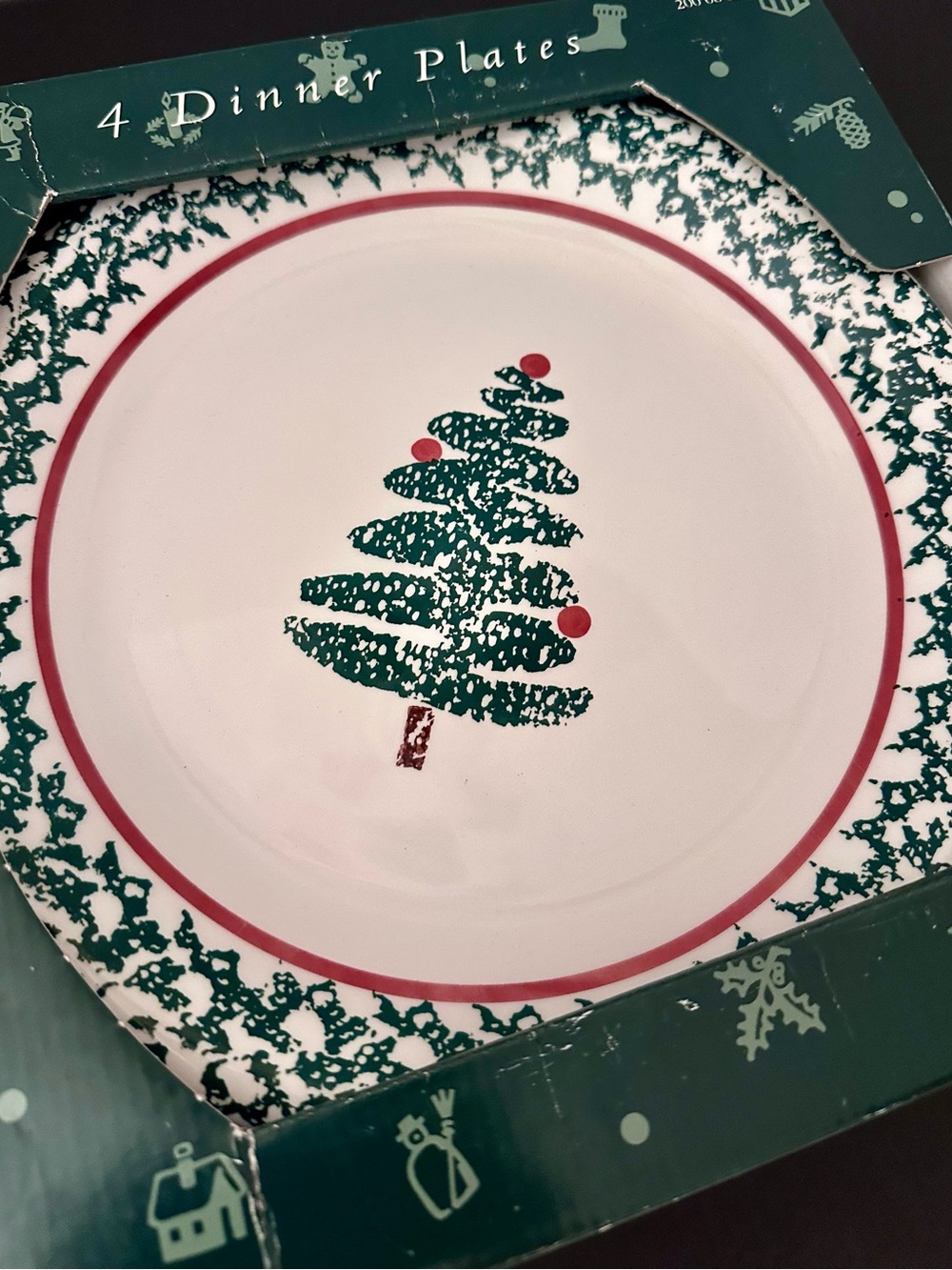 Vintage Furio Christmas Tree Spongeware Dinner Plates Set of 4